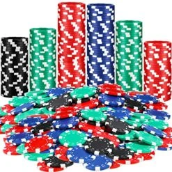 Jerify 200 Pieces Dice Striped Poker Chips Plastic Colorful Poker Chips Travel Poker Set For Card Blackjack Games Homes Parties, 4 Colors