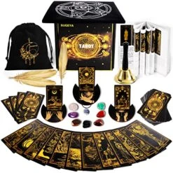 78 Tarot Cards With Guide Book, Black Tarot Deck Gift Set With Tarot Cloth, Chakra Stones & More, Tarot Cards Deck Fortune Telling Game Craft Cardboard For Beginners And Expert Readers