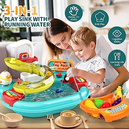 Play Sink With Running Water, 3in1 Toddler Water Toys Play Kitchen With Fishing Toys/Track/Fake Food/Tableware For Toddlers 1-3 Kitchen Toy Sink Toy Accessories-Blue 4 Play Sink With Running Water, 3in1 Toddler Water Toys Play Kitchen With Fishing Toys/Track/Fake Food/Tableware For Toddlers 1-3 Kitchen Toy Sink Toy Accessories-Blue - Image 2