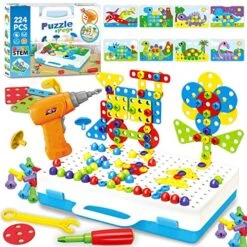 224 Pieces Creative Mosaic Drill Design Puzzle Set For Kids, Electric Drill And Screwdriver Toy Tool DIY Educational Set, STEM Engineering Construction Projects For Boys And Girls Ages 3 4 5 6 7 8 9