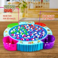 Fishing Game Play Set - 45 Magnetic Fish, 8 Poles & Rotating Board On-Off Music - Family Children Backyard Colorful Toy Games For Kids And Toddlers Age 3 And Up - Blue -Folkmanis Toys Shop 61JcPdVp8IL
