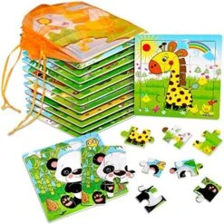 Jigsaw Puzzles, SANNIX 12 Pack Wooden Jigsaw Puzzles With 12 Organize Bags, Dinosaurs And Animals Toddlers Puzzles For Kids Ages 3-6, Party Favors Educational Learning Travel Toys For Boy, Girl -Folkmanis Toys Shop 61K RUS7rzL. AC