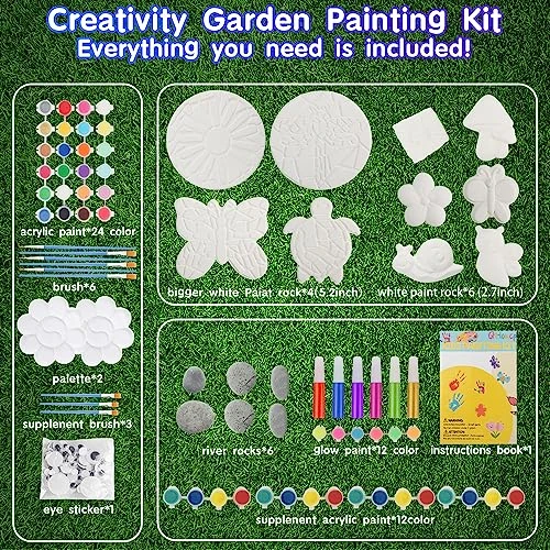 Qtioucp 43Pcs Arts And Crafts Painting Kit With 24 Vibrant Acrylic Paints &12 Glow In The Dark Color,4Pcs 5-Inch Stepping Stone &12Pcs Creativity Stone - Paint Your Own Stepping Stones For Kids 7 Qtioucp 43Pcs Arts And Crafts Painting Kit With 24 Vibrant Acrylic Paints &12 Glow In The Dark Color,4Pcs 5-Inch Stepping Stone &12Pcs Creativity Stone - Paint Your Own Stepping Stones For Kids - Image 5