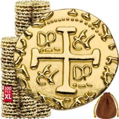 Premium Metal Pirate Coins - 100 X Large Pirate Gold Coins For Kids, Fake Gold Coins, DND Coins, Metal Coins, Fantasy Coins, Tokens - Diameter: 1.18"