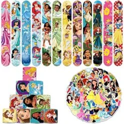 QICI 86Pcs Princess Slap Bracelet Set Include 36Pcs Slap Bracelet And 50Pcs Princess Stickers, Princess Themed Birthday Party Favors