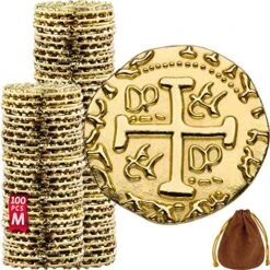 Metal Pirate Coins – 100 Gold Treasure Coin Set, Metal Replica Spanish Doubloons For Board Games, Tokens, Toys, Cosplay – Realistic Money Imitation For Treasure Chest – Medium Size 7/8 Inch