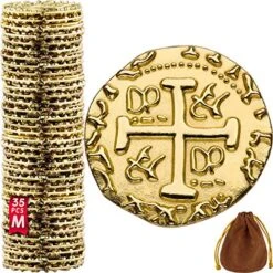 Metal Pirate Coins - 35 Gold Treasure Coin Set, Metal Replica Spanish Doubloons For Board Games, Tokens, Toys, Cosplay - Realistic Money Imitation, Pirate Treasure Chest - Medium Size 7/8 Inch