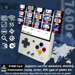 Miyoo Mini + Handheld Game Console 3.5 Inch Plus Pocket Portable Retro Video Games Consoles Rechargeable Hand Held Classic System Open Source White 64GB