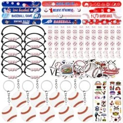 DoYoDoYa Baseball Party Favors Set 110Pcs Baseball Slap Bracelets Keychains Hair Ties Wristbands Baseball Sports Bracelets Tattoo Stickers Party Favors For Baseball Themed Birthday Goodie Bag Fillers
