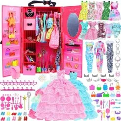 BJDBUS 106 Pcs Doll Wardrobe With Clothes And Accessories Set For 11.5 Inch Girl Doll, Storage Closet Wedding Gown Fashion Dresses Skirts Tops Pants Outfits Bikini Swimsuits Hangers Shoes Other Stuff