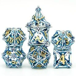 Hollow Metal DND Game Dice Flower Shaped Blue And Gold Numbers 7Pcs Set For Dungeons And Dragons RPG MTG Table Games D&D Pathfinder Shadowrun And Math Teaching(with Metal Case)