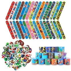 HHMJZW 32PCS Mario Bros Slap Bracelet Toys And 50 PCS Cartoon Mario Bros Party Stickers Carnival Prizes - Mario Slap Bracelet For Kids Boys & Girls Birthday Party Supplies Favors