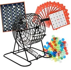 Deluxe Bingo Game Set With Metal Bingo Cage Spinner, 75 Numbered Balls, Master Bingo Board, 18 Bingo Cards And 150 Chips, For Adults, Seniors, Kids And Family