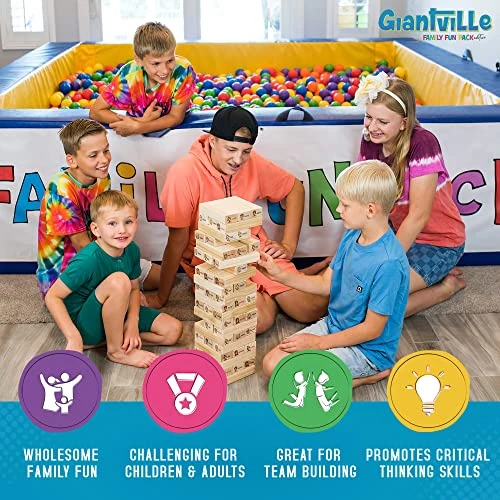 Giantville Giant Tumbling Timber Toy + Dice + Adhesives + Bag - Large Backyard Stacking Blocks Board/Floor Game - Big Wooden Yard Tumble Tower - Oversized Indoor/Outdoor Fun - Grows To Almost 4-feet 5 Giantville Giant Tumbling Timber Toy + Dice + Adhesives + Bag - Large Backyard Stacking Blocks Board/Floor Game - Big Wooden Yard Tumble Tower - Oversized Indoor/Outdoor Fun - Grows To Almost 4-feet - Image 3