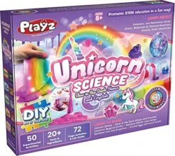 Playz Unicorn Slime & Crystals Science Kit Gift For Girls & Boys With 50+ STEM Experiments To Make Glow In The Dark Unicorn Poop, Snot, Fluffy Slime, Crystals, Putty, Arts & Crafts For Kids Age 8-12